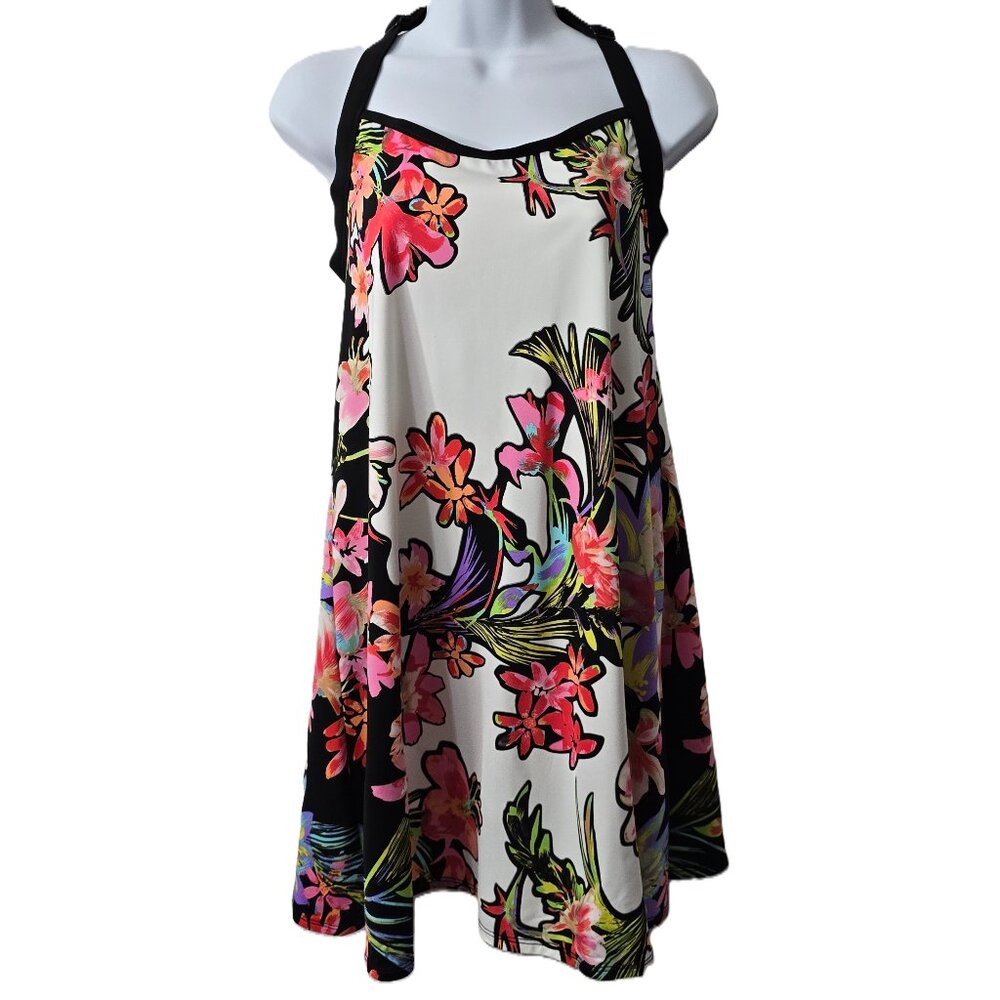 Nanette Lepore Swim Dress S Racerback A Line Tropical Floral Stretch Red Pink